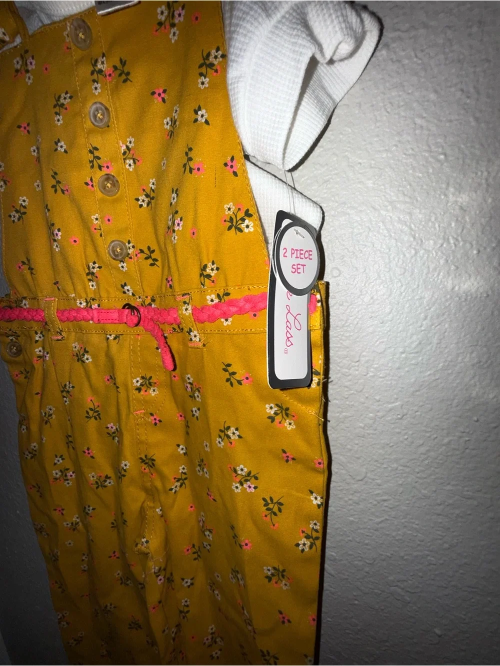 Little Lass Yellow Floral Overalls with Pink Belt - Picture 2 of 3